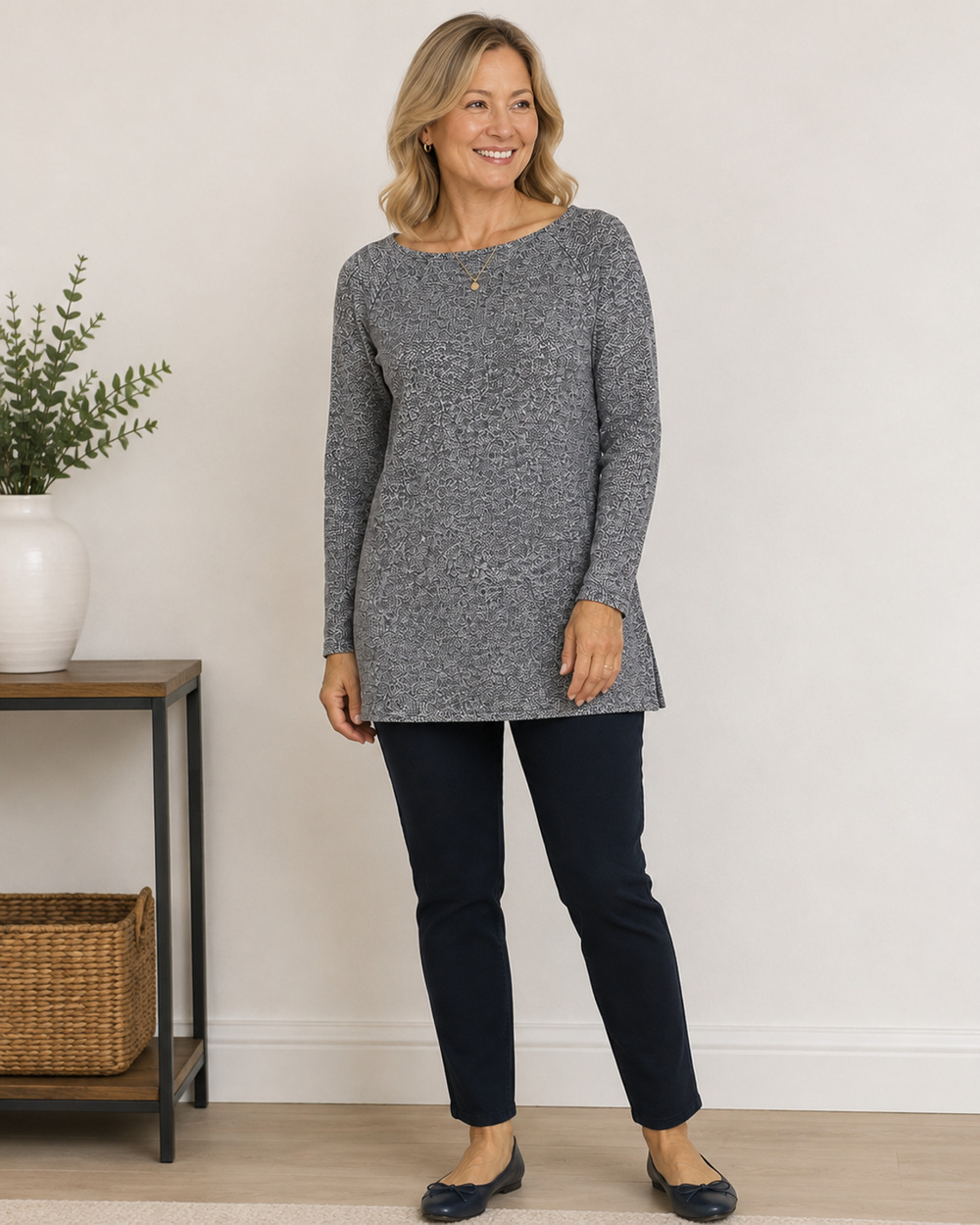T by Talbots Women MP Petite Marled Gray Knit Sweater Tunic Long Sleeve